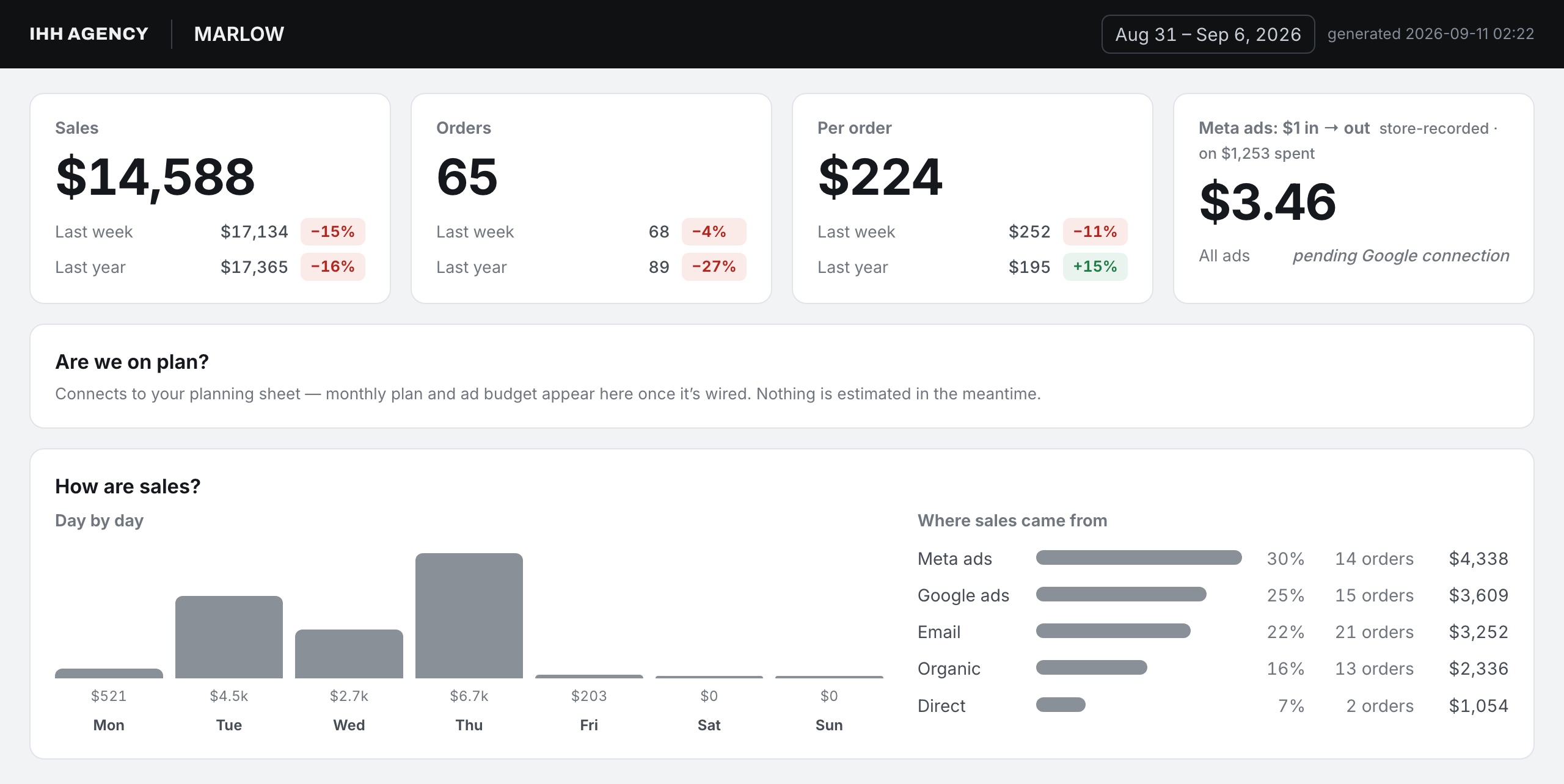 Four cards — sales, orders, per order, and return on ad spend — over the week day by day and where sales came from.
